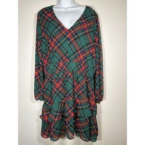 CATO Smocked Waist Plaid Green Red Holiday Dress Ruffle Tiered Christmas Size XL